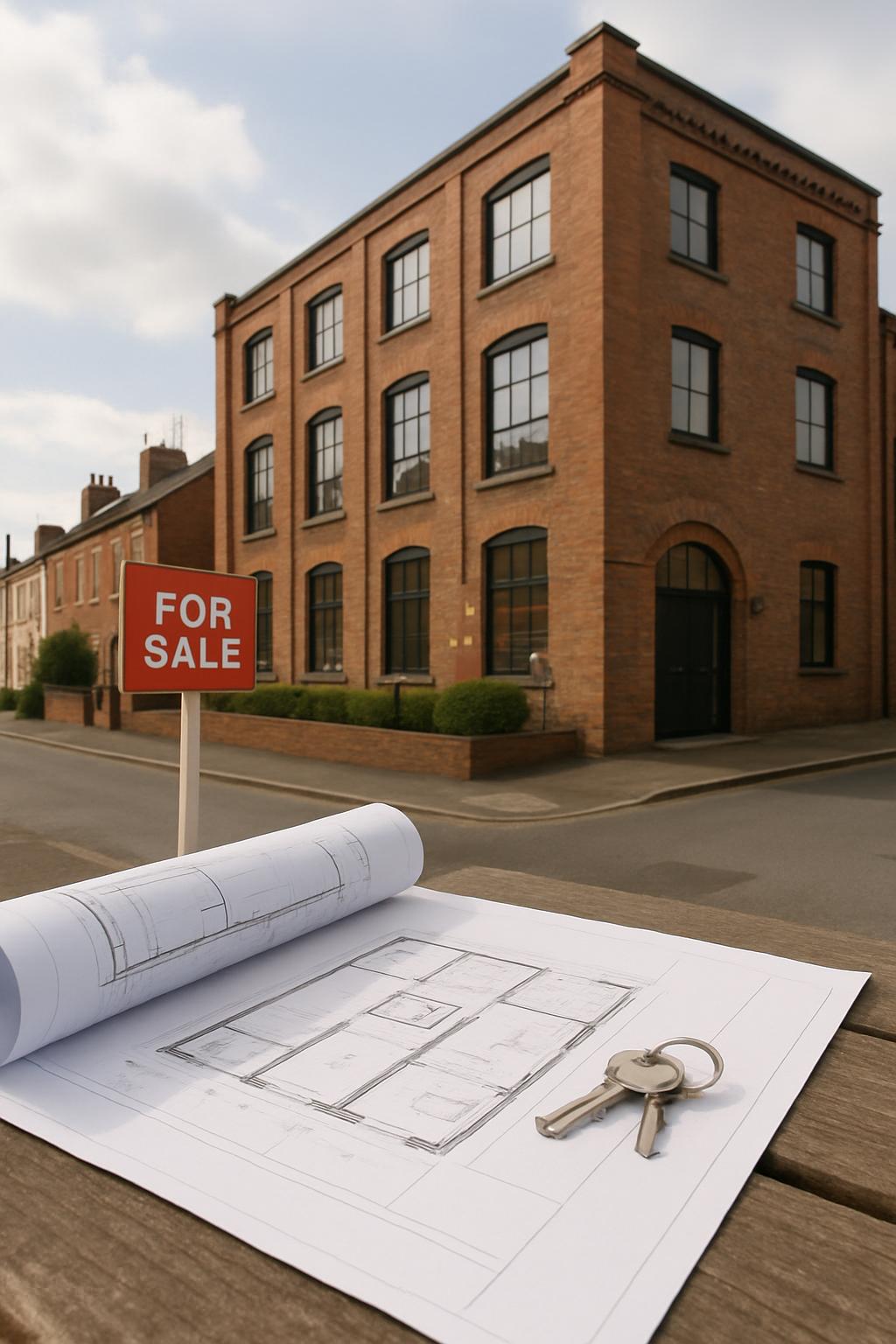 A large brick building with a "FOR SALE" sign, architectural plans, and keys in the foreground.