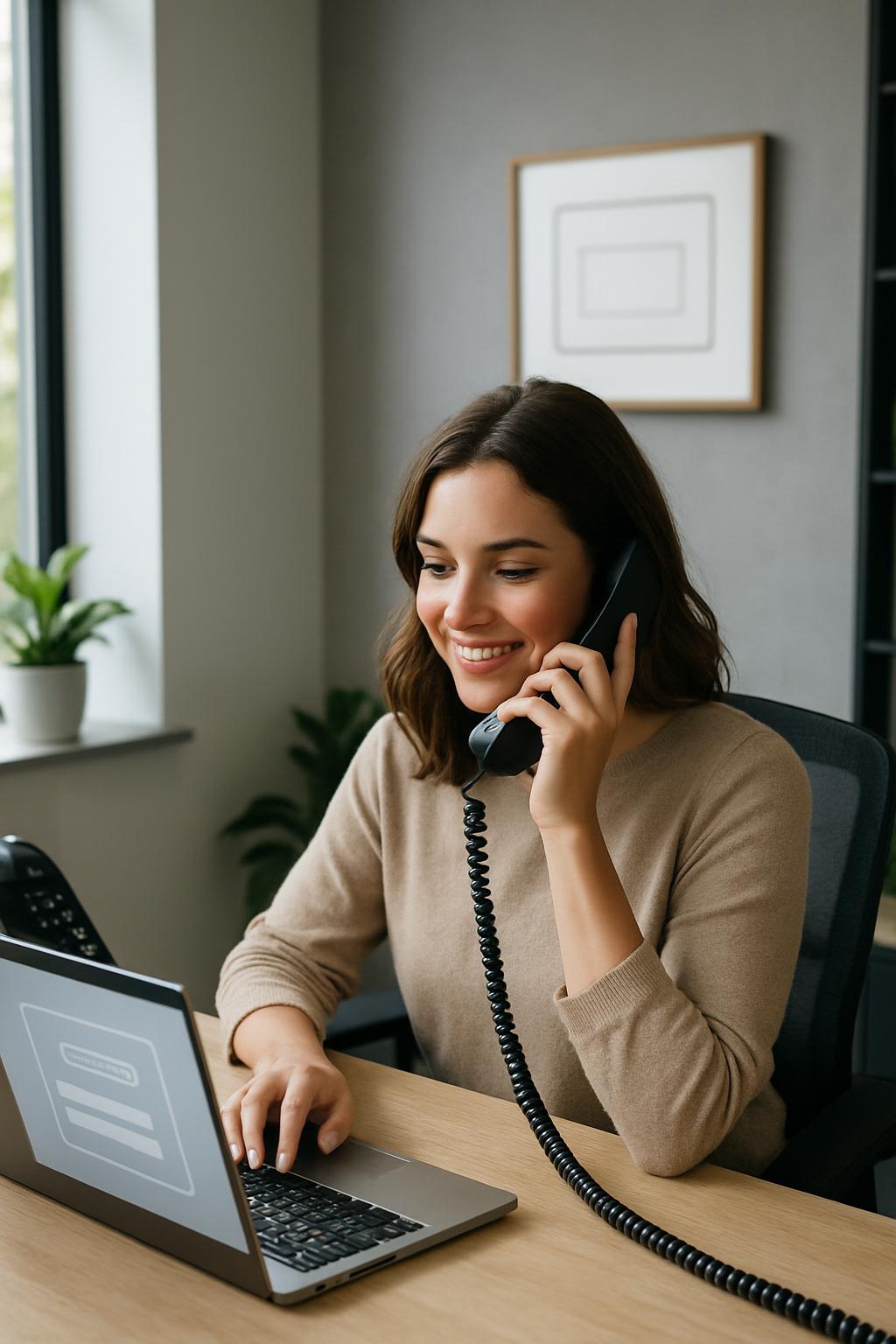 A woman sits at a desk in an office setting, smiling and talking on the phone while simultaneously typing on a laptop.